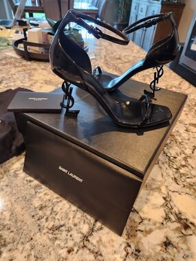 Yves Saint Laurent Black Patent YSL-Heel Ankle Strap Sandals